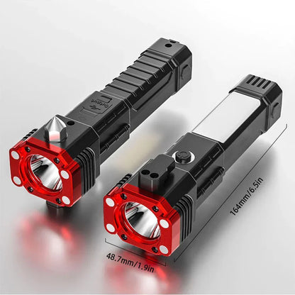 Rechargeable Torch Flashlight Long Distance Beam Range/Car Rescue Torch with Hammer/Window Glass and Seat Belt Cutter/Built in Mobile USB Fast Charger Power Bank